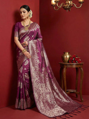 Regal Wine Floral Woven Banarasi Silk Saree Accentuated With Rich Zari Weaving & Tassel Pallu - Image 1