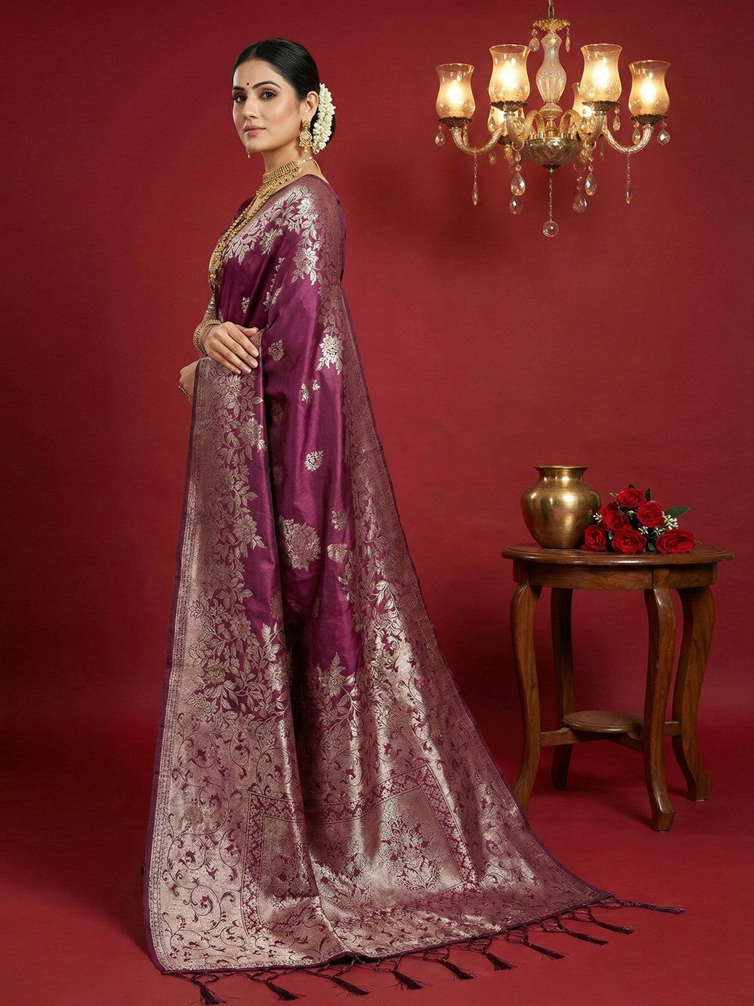 Regal Wine Floral Woven Banarasi Silk Saree Accentuated With Rich Zari Weaving & Tassel Pallu - Image 3