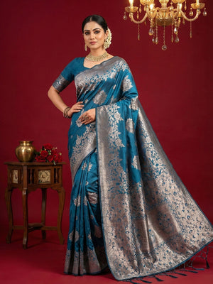 Regal Blue Floral Woven Banarasi Silk Saree Accentuated With Rich Zari Weaving & Tassel Pallu - Image 1