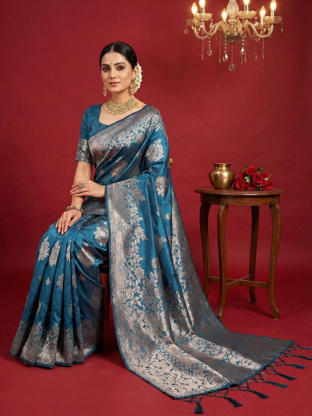 Regal Blue Floral Woven Banarasi Silk Saree Accentuated With Rich Zari Weaving & Tassel Pallu - Image 2