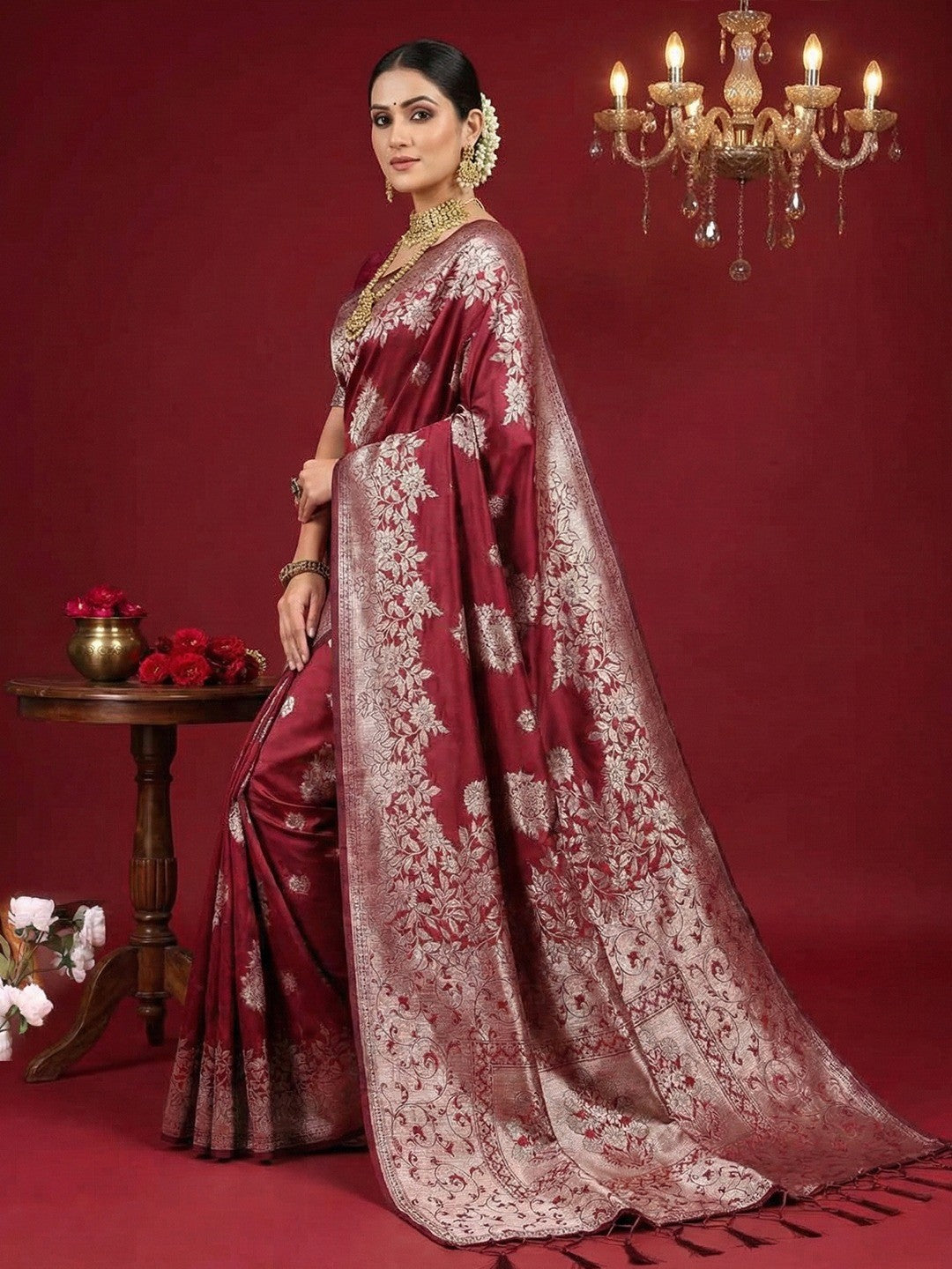 Regal Maroon Floral Woven Banarasi Silk Saree Accentuated With Rich Zari Weaving & Tassel Pallu - Image 3