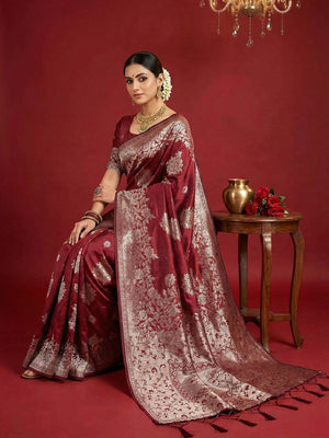 Regal Maroon Floral Woven Banarasi Silk Saree Accentuated With Rich Zari Weaving & Tassel Pallu - Image 2