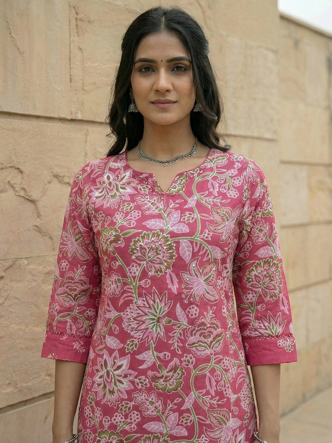 Beautiful Pink Floral Pattern Pure Cotton Kurta Salwar Set with Printed Dupatta - Image 2