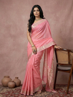Delicate Pink Stripe Pattern Woven Cotton Silk Saree With Subtle Artisan Weave - Image 1