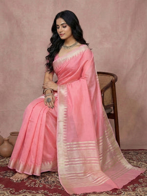 Delicate Pink Stripe Pattern Woven Cotton Silk Saree With Subtle Artisan Weave - Image 2