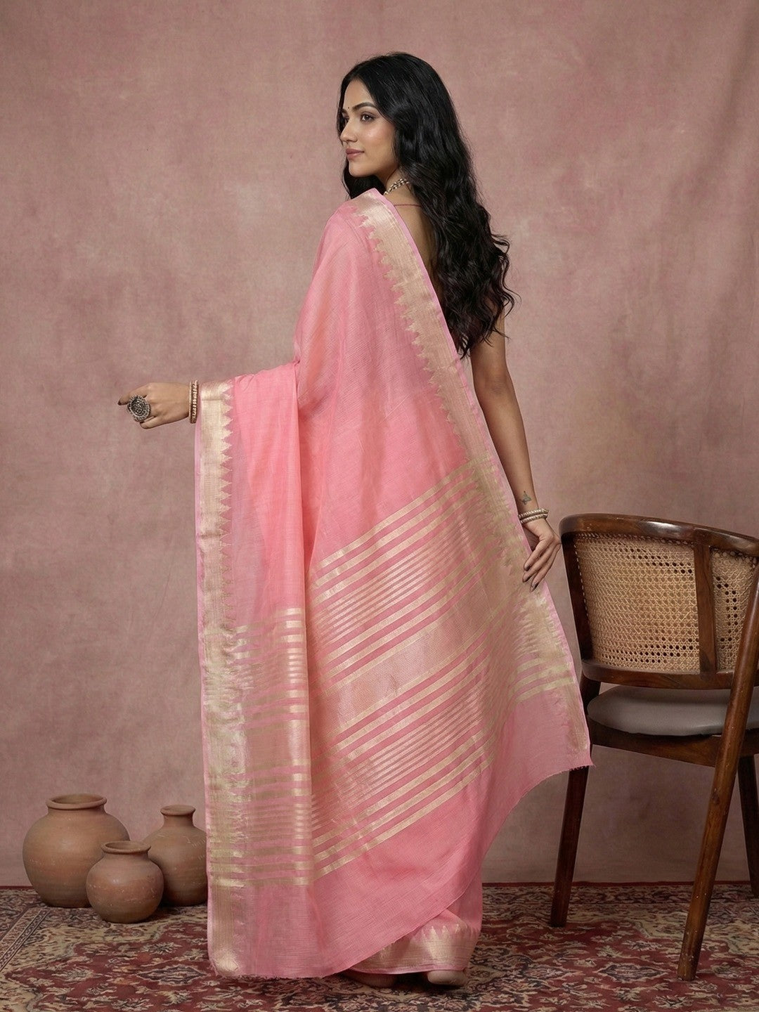 Delicate Pink Stripe Pattern Woven Cotton Silk Saree With Subtle Artisan Weave - Image 2