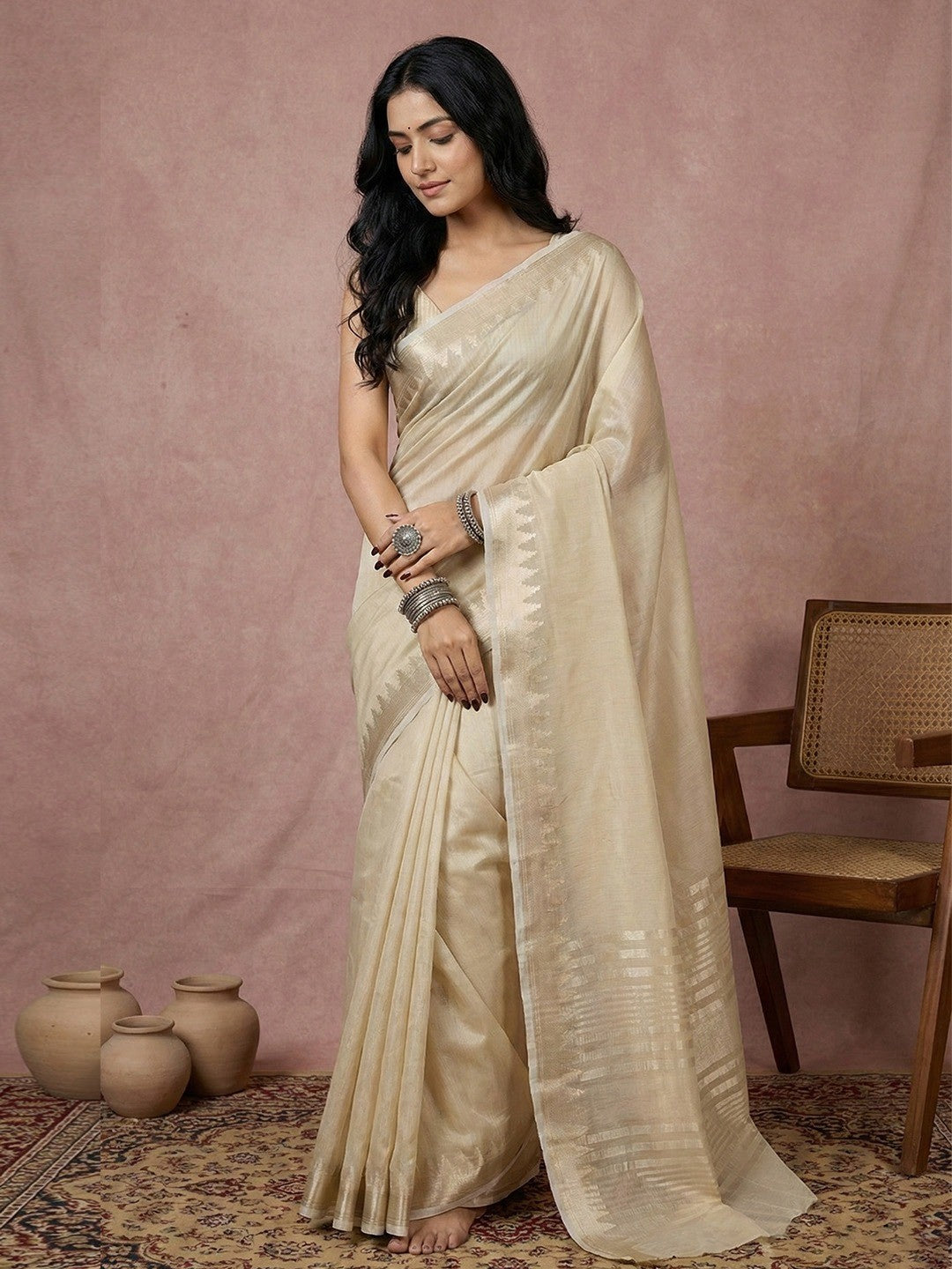 Delicate Cream Stripe Pattern Woven Cotton Silk Saree With Subtle Artisan Weave - Image 1
