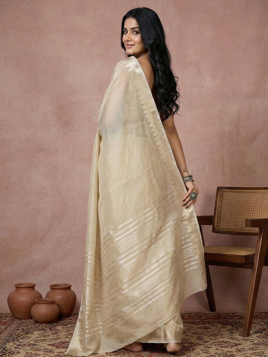 Delicate Cream Stripe Pattern Woven Cotton Silk Saree With Subtle Artisan Weave - Image 3