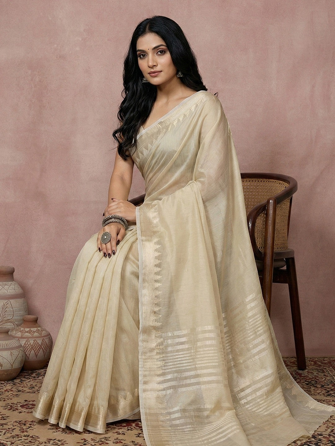 Delicate Cream Stripe Pattern Woven Cotton Silk Saree With Subtle Artisan Weave - Image 3