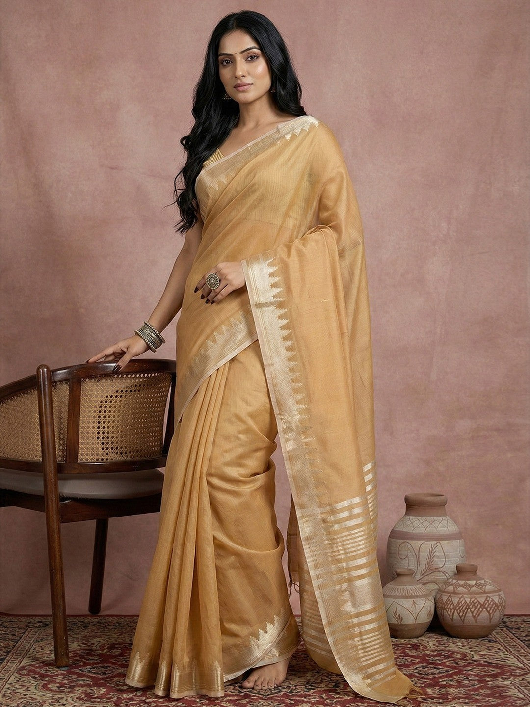 Delicate Beige Stripe Pattern Woven Cotton Silk Saree With Subtle Artisan Weave - Image 1