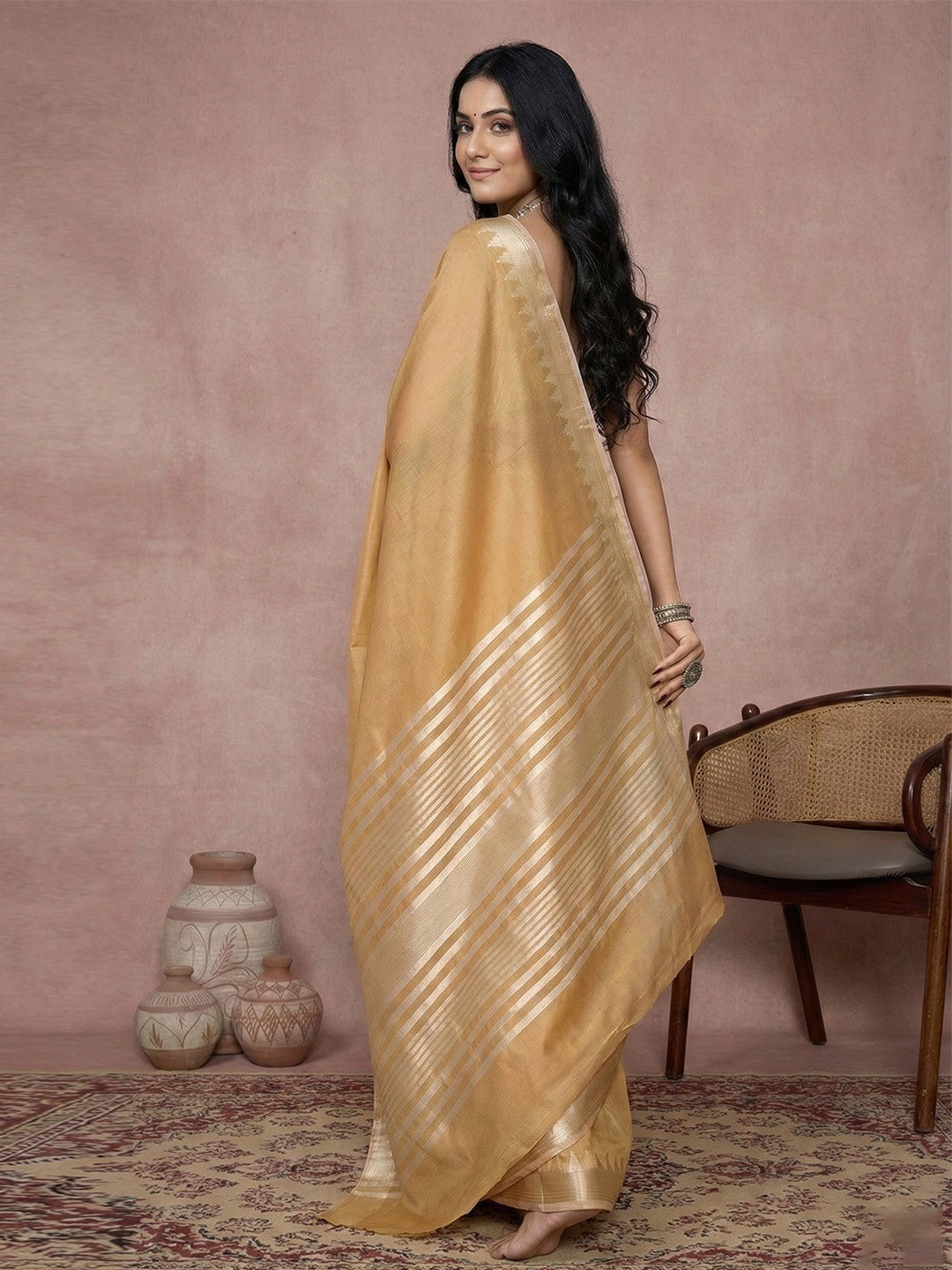 Delicate Beige Stripe Pattern Woven Cotton Silk Saree With Subtle Artisan Weave - Image 3
