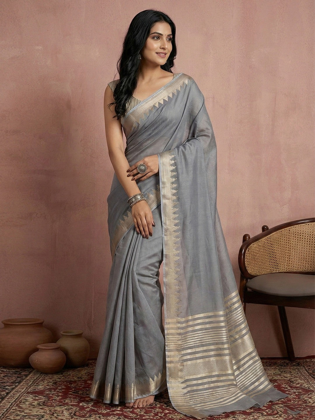 Delicate Grey Stripe Pattern Woven Cotton Silk Saree With Subtle Artisan Weave - Image 1