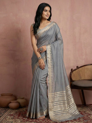 Delicate Grey Stripe Pattern Woven Cotton Silk Saree With Subtle Artisan Weave - Image 1