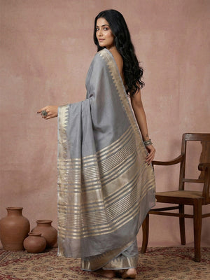 Delicate Grey Stripe Pattern Woven Cotton Silk Saree With Subtle Artisan Weave - Image 2