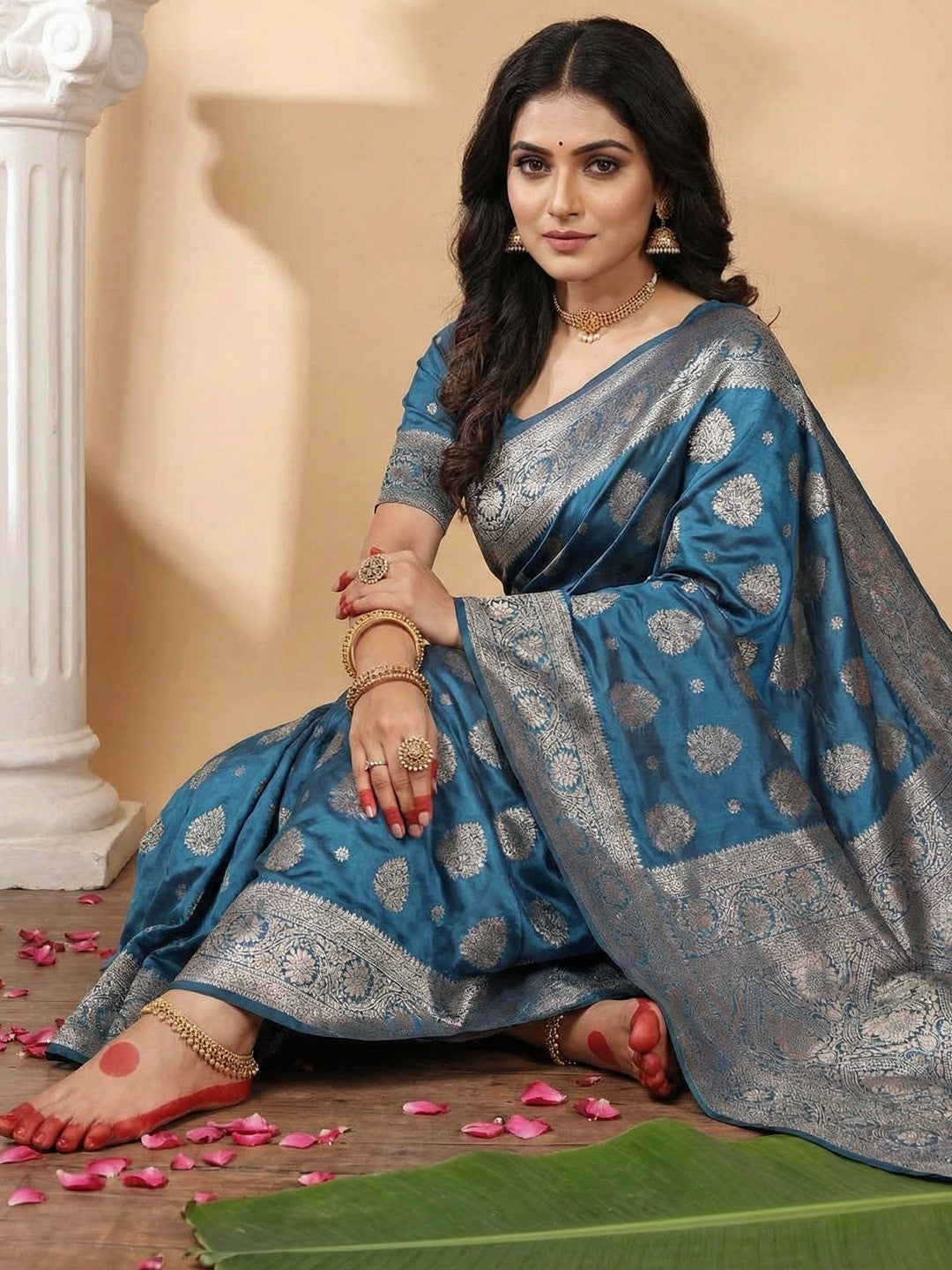 Elegant Blue Banarasi Silk Saree Featuring Intricate Floral Weaving With Graceful Tassel Pallu - Image 2