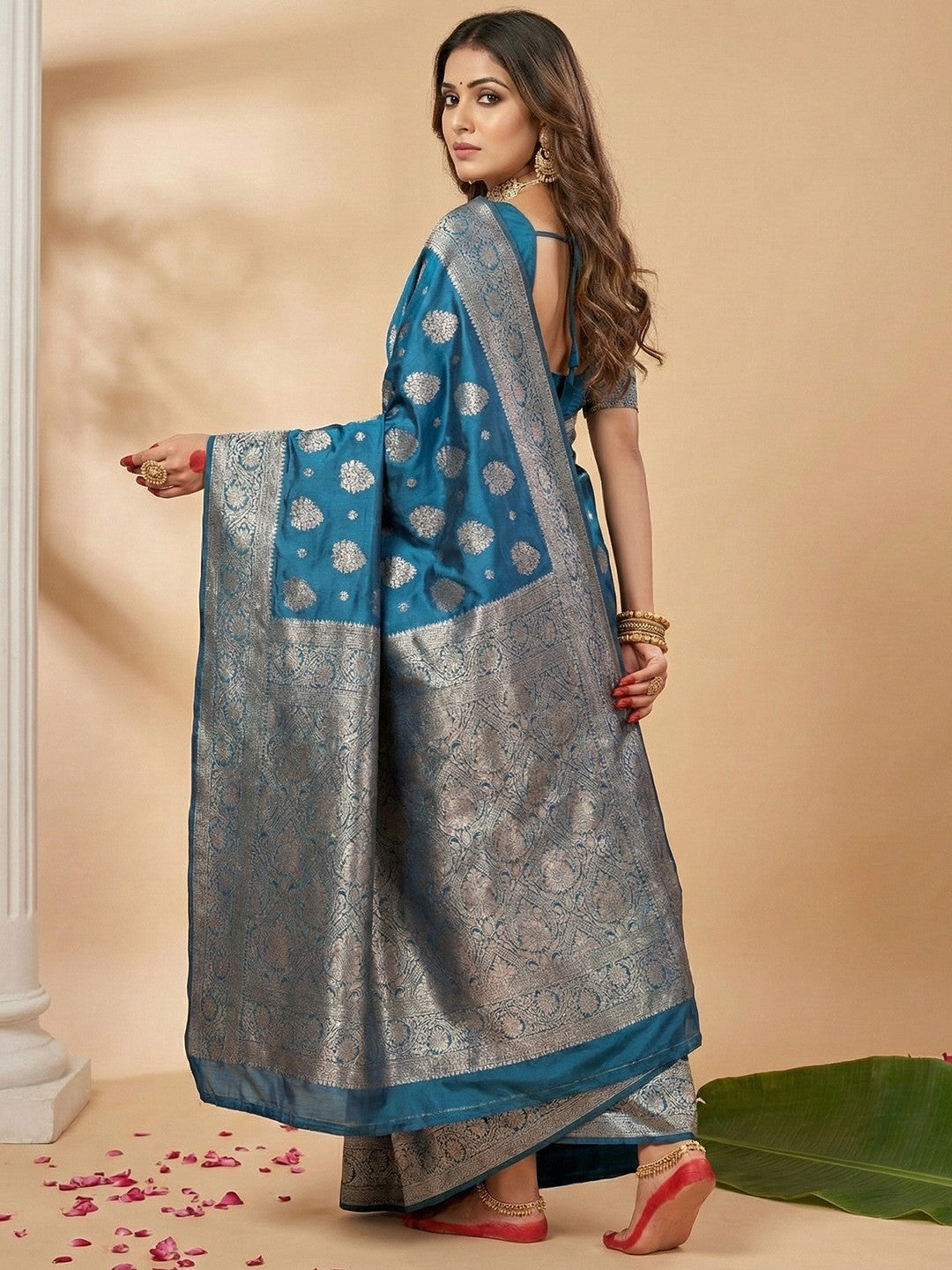Elegant Blue Banarasi Silk Saree Featuring Intricate Floral Weaving With Graceful Tassel Pallu - Image 2