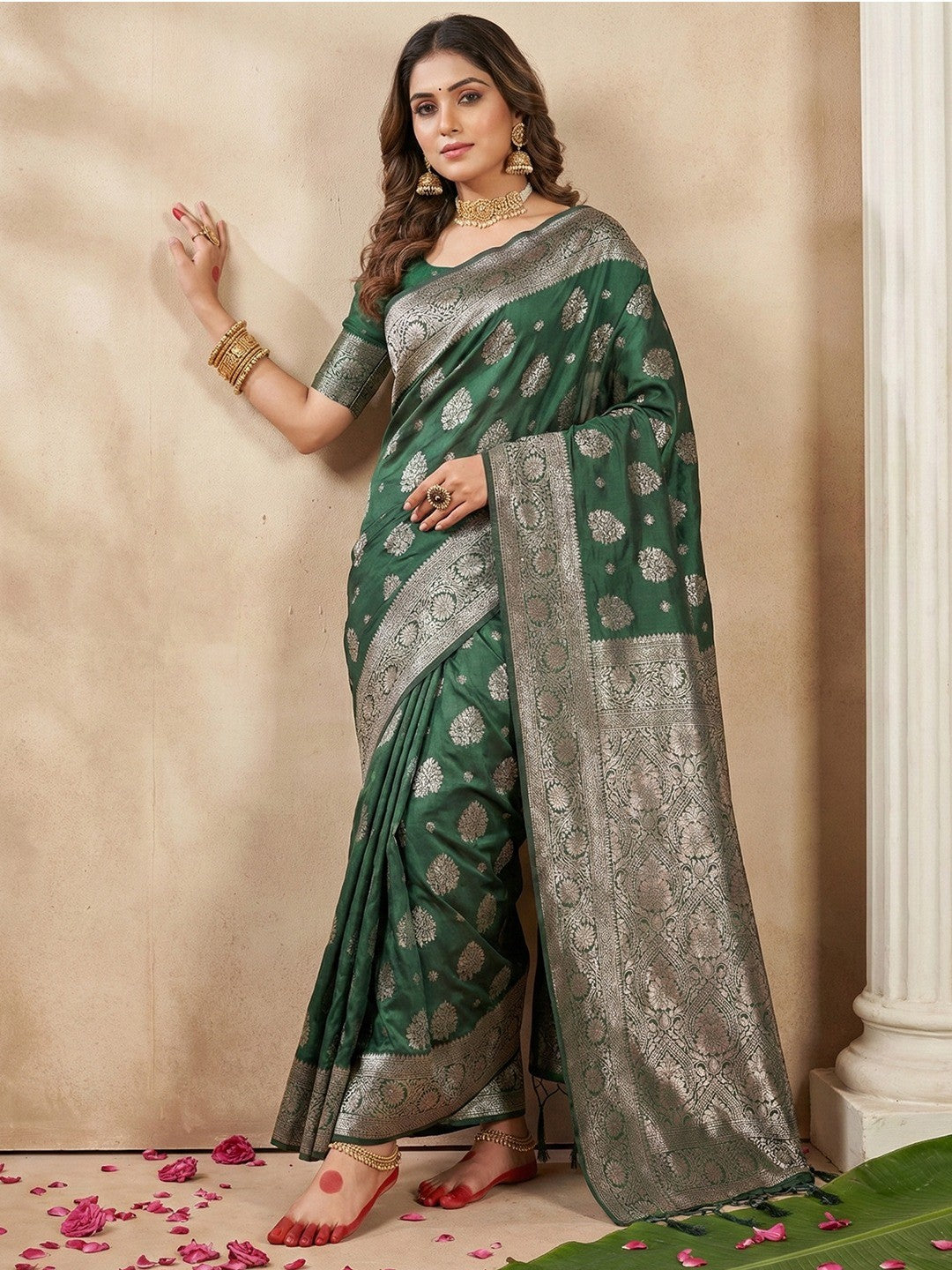 Elegant Green Banarasi Silk Saree Featuring Intricate Floral Weaving With Graceful Tassel Pallu - Image 1
