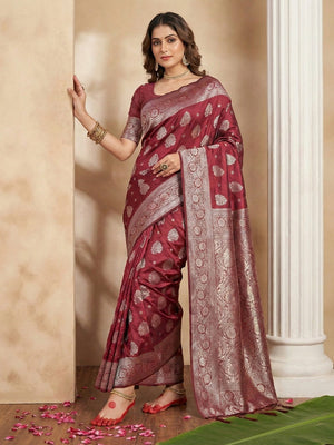 Elegant Maroon Banarasi Silk Saree Featuring Intricate Floral Weaving With Graceful Tassel Pallu - Image 1