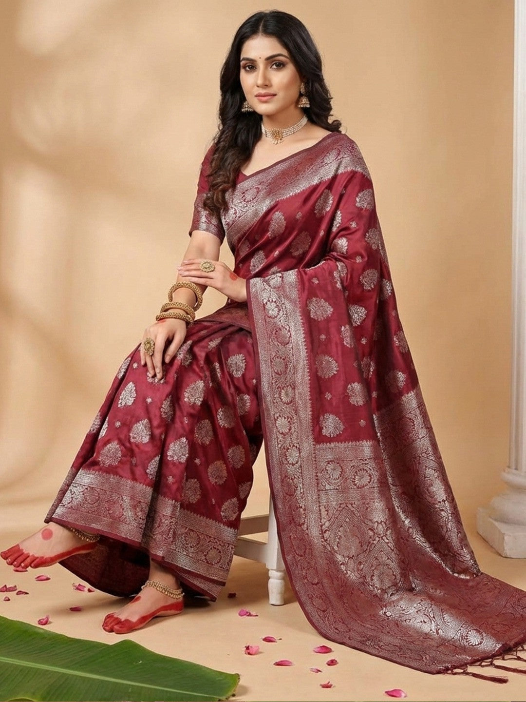 Elegant Maroon Banarasi Silk Saree Featuring Intricate Floral Weaving With Graceful Tassel Pallu - Image 2