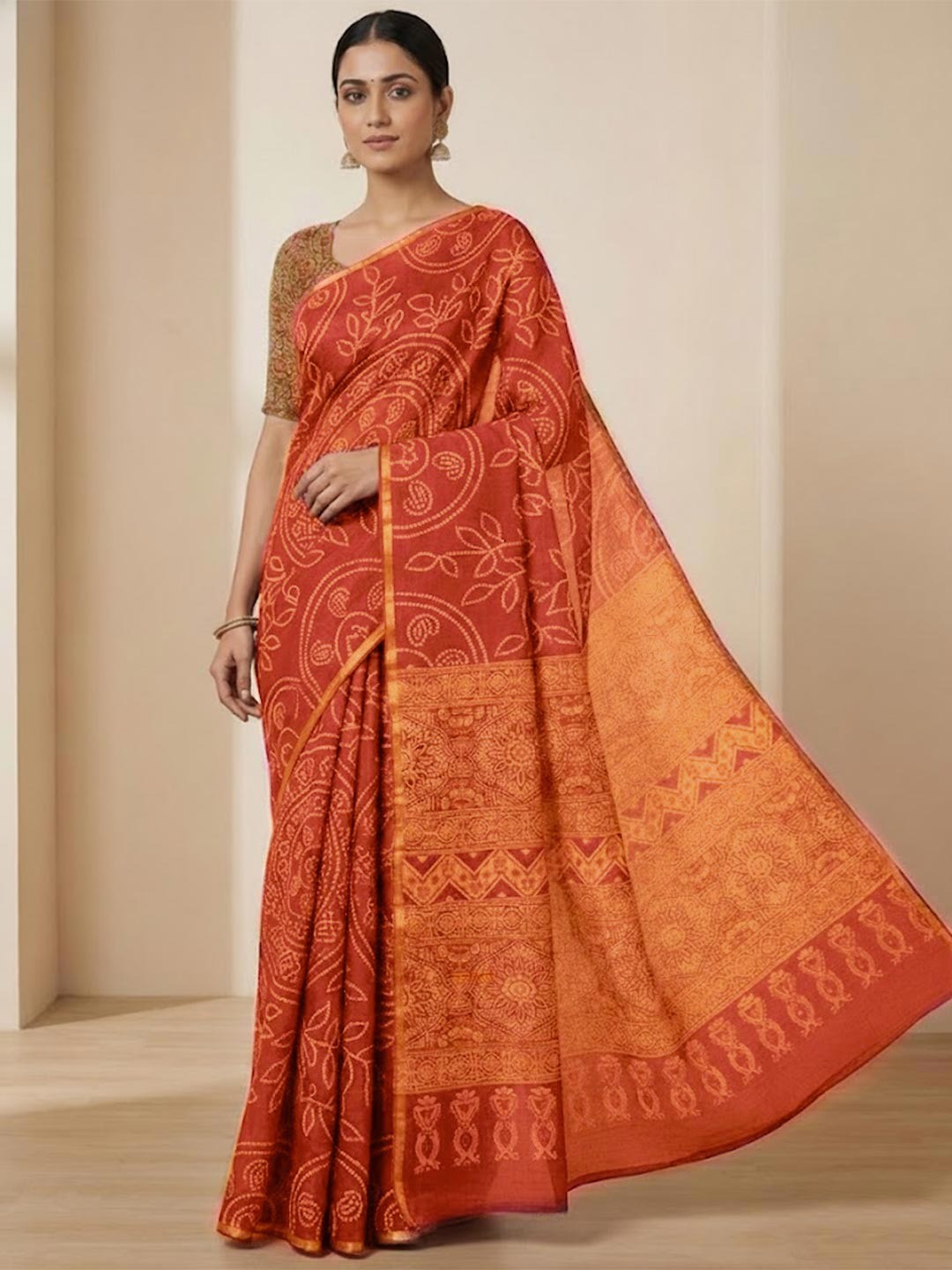 Orange Linen Saree with Bandhani Print and Ethnic Motifs - Image 1