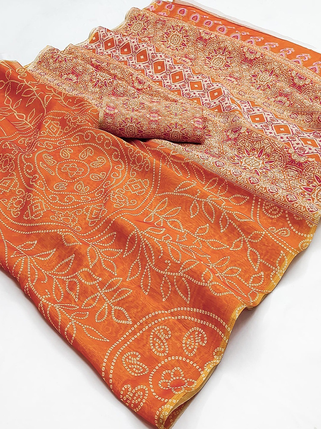 Orange Linen Saree with Bandhani Print and Ethnic Motifs - Image 2