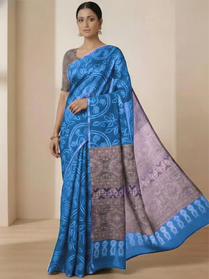 Sky Blue Linen Saree with Bandhani Print and Ethnic Motifs - Image 1