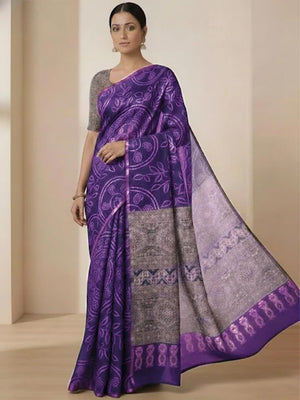 Purple Linen Saree with Bandhani Print and Ethnic Motifs - Image 1