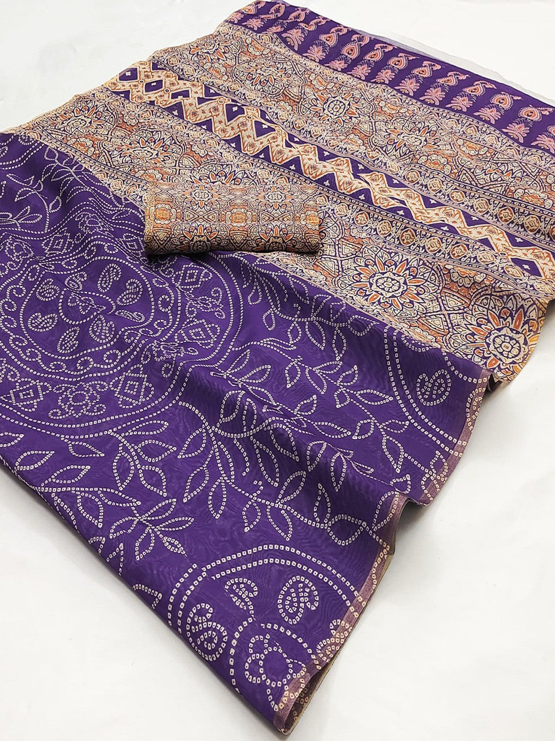 Purple Linen Saree with Bandhani Print and Ethnic Motifs - Image 2