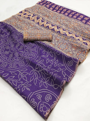 Purple Linen Saree with Bandhani Print and Ethnic Motifs - Image 2