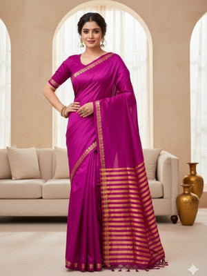Elegant Pink Solid Mysore Silk Saree With Golden Striped Zari Border - Image 1