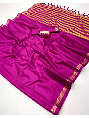 Elegant Pink Solid Mysore Silk Saree With Golden Striped Zari Border - Image 2