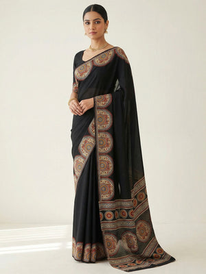 Black Crepe Saree with Intricate Traditional Border Design for Modern Ethnic Styling - Image 1