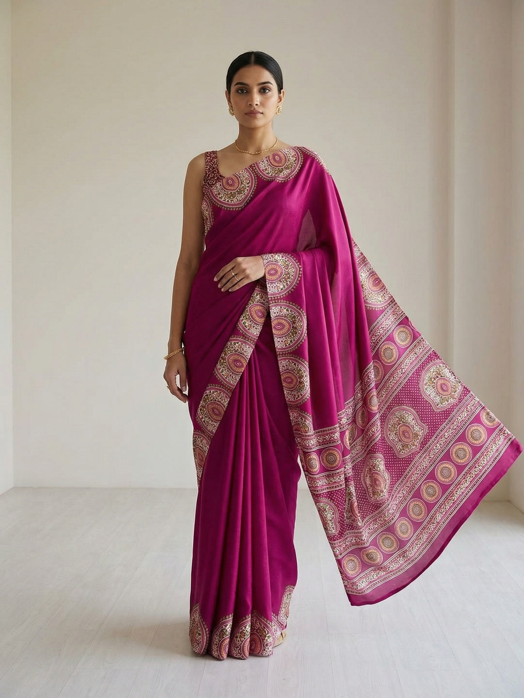 Magenta Crepe Saree with Intricate Traditional Border Design for Modern Ethnic Styling - Image 1