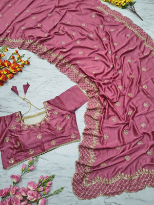 Pink Floral Design Vichitra Silk Saree Featuring Intricate Thread & Sequins Embroidery - Image 2