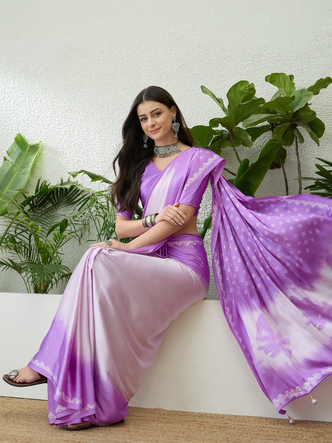Classic Lavender Bandhani Printed Satin Ombre Saree With A Beautifully Finished Tassel Pallu - Image 5