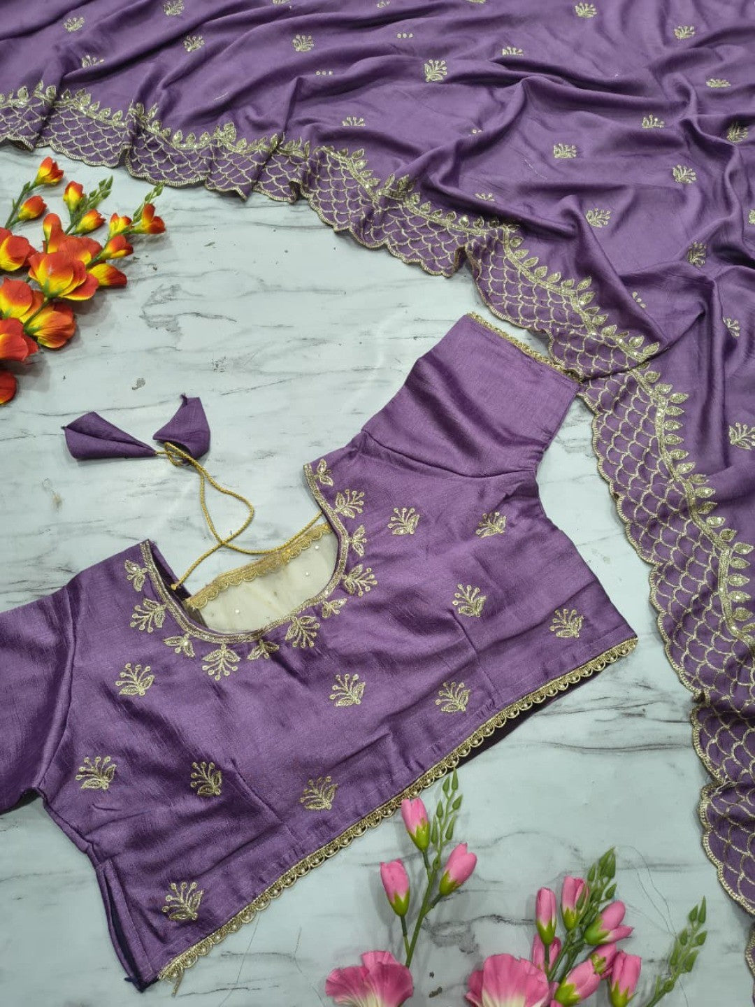 Lavender Floral Design Vichitra Silk Saree Featuring Intricate Thread & Sequins Embroidery - Image 4