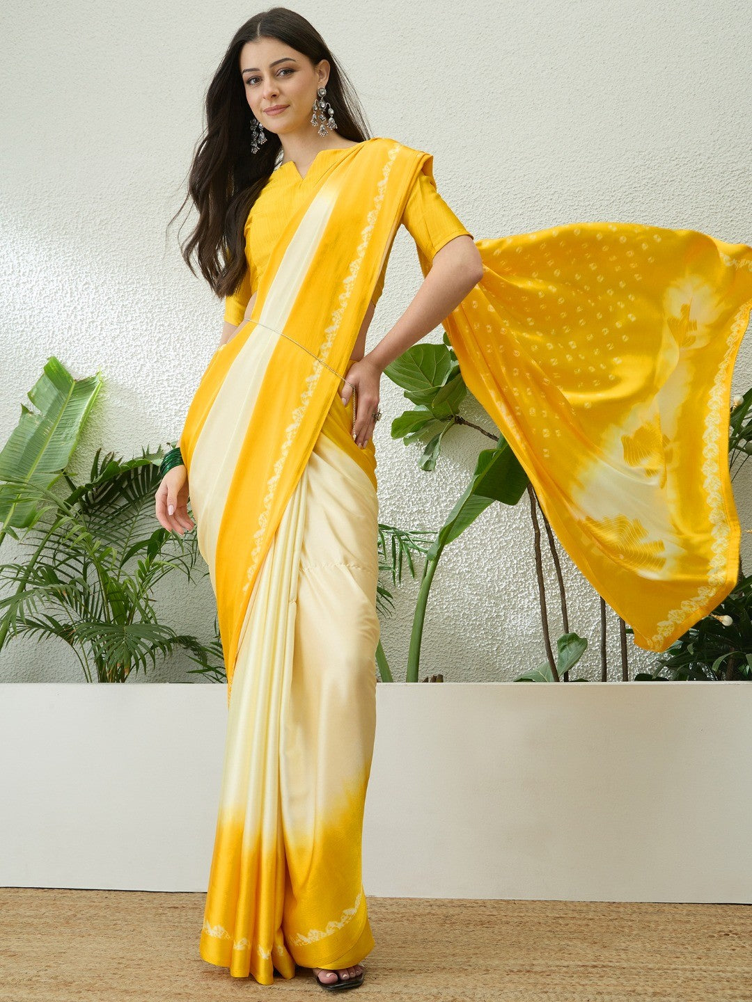 Classic Yellow Bandhani Printed Satin Ombre Saree With A Beautifully Finished Tassel Pallu - Image 1