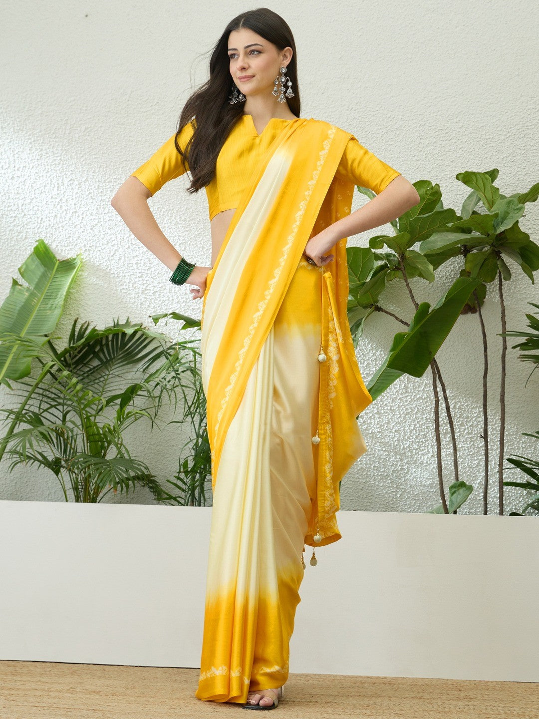 Classic Yellow Bandhani Printed Satin Ombre Saree With A Beautifully Finished Tassel Pallu - Image 7
