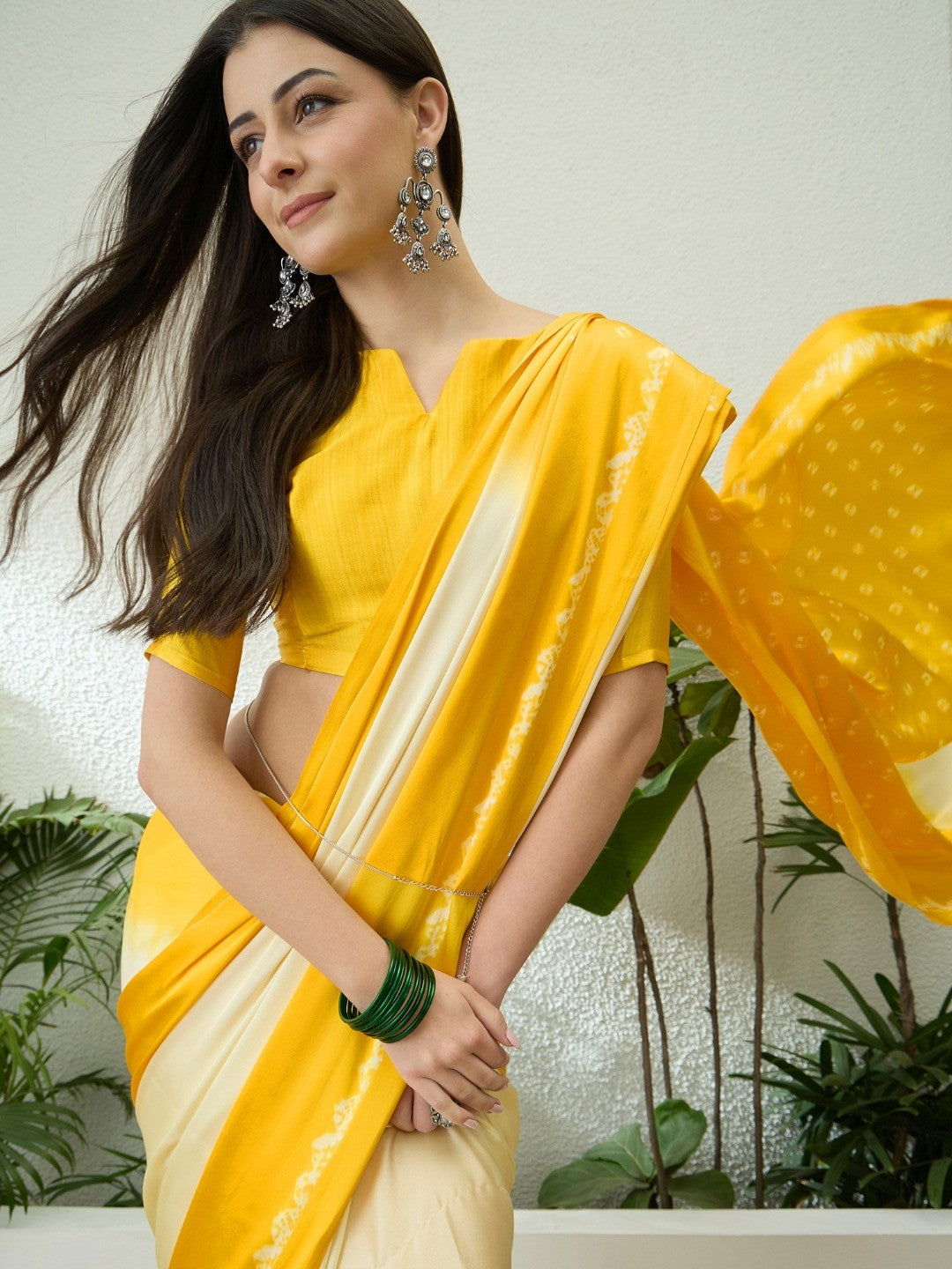 Classic Yellow Bandhani Printed Satin Ombre Saree With A Beautifully Finished Tassel Pallu - Image 2