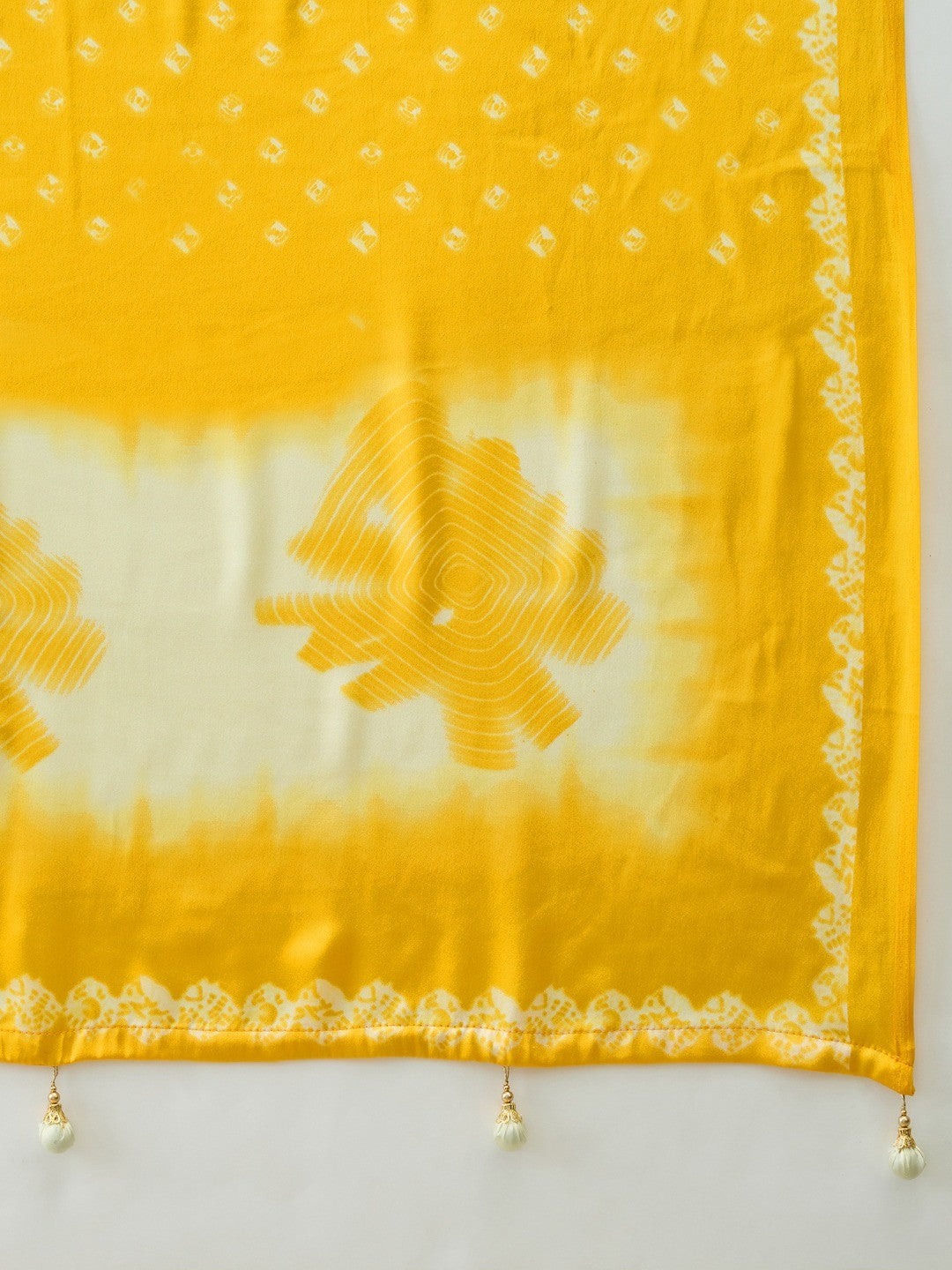 Classic Yellow Bandhani Printed Satin Ombre Saree With A Beautifully Finished Tassel Pallu - Image 4