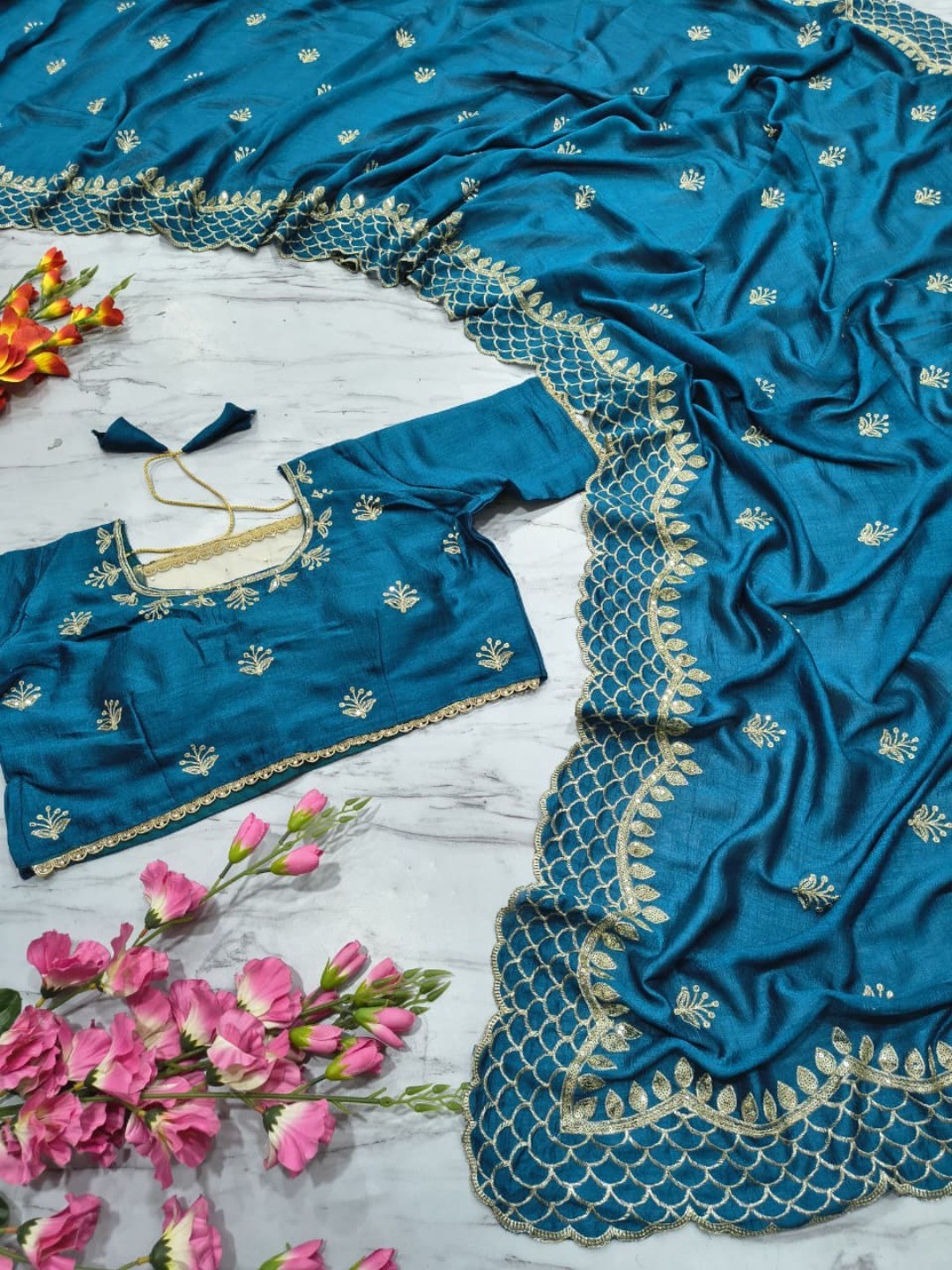 Peacock Blue Floral Design Vichitra Silk Saree Featuring Intricate Thread & Sequins Embroidery - Image 5