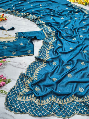 Peacock Blue Floral Design Vichitra Silk Saree Featuring Intricate Thread & Sequins Embroidery - Image 2