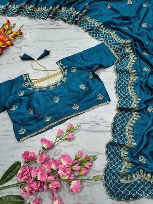 Peacock Blue Floral Design Vichitra Silk Saree Featuring Intricate Thread & Sequins Embroidery - Image 2