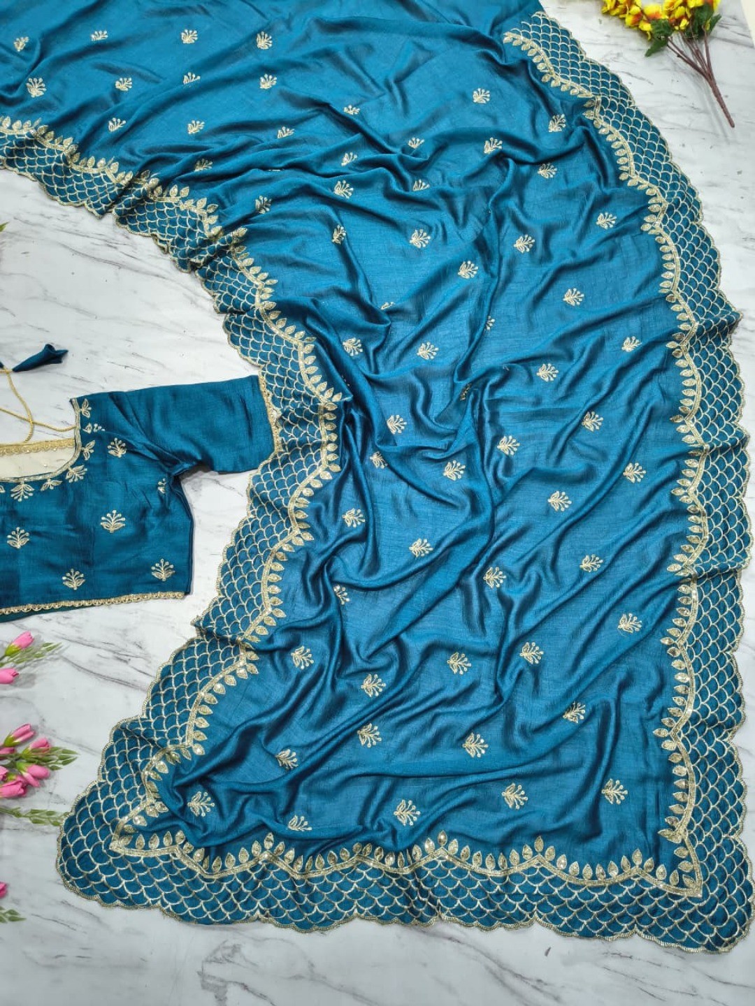 Peacock Blue Floral Design Vichitra Silk Saree Featuring Intricate Thread & Sequins Embroidery - Image 4
