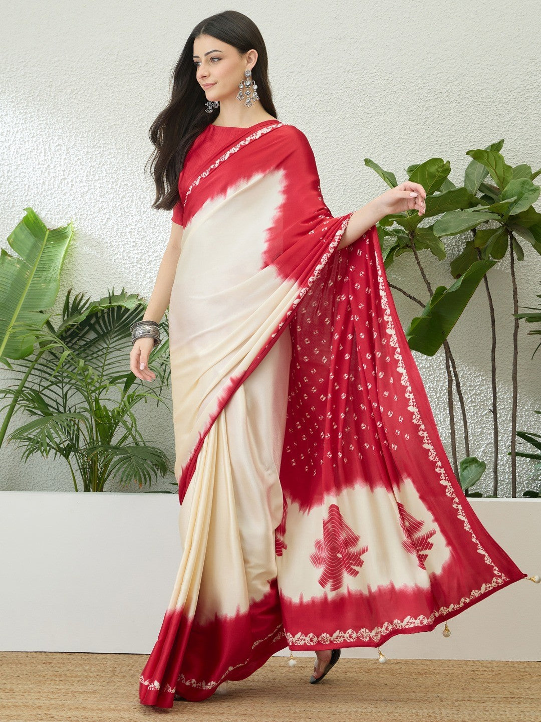 Classic Red Bandhani Printed Satin Ombre Saree With A Beautifully Finished Tassel Pallu - Image 1