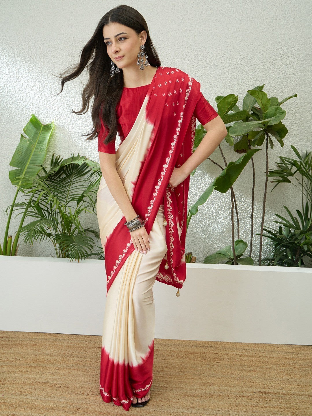 Classic Red Bandhani Printed Satin Ombre Saree With A Beautifully Finished Tassel Pallu - Image 4