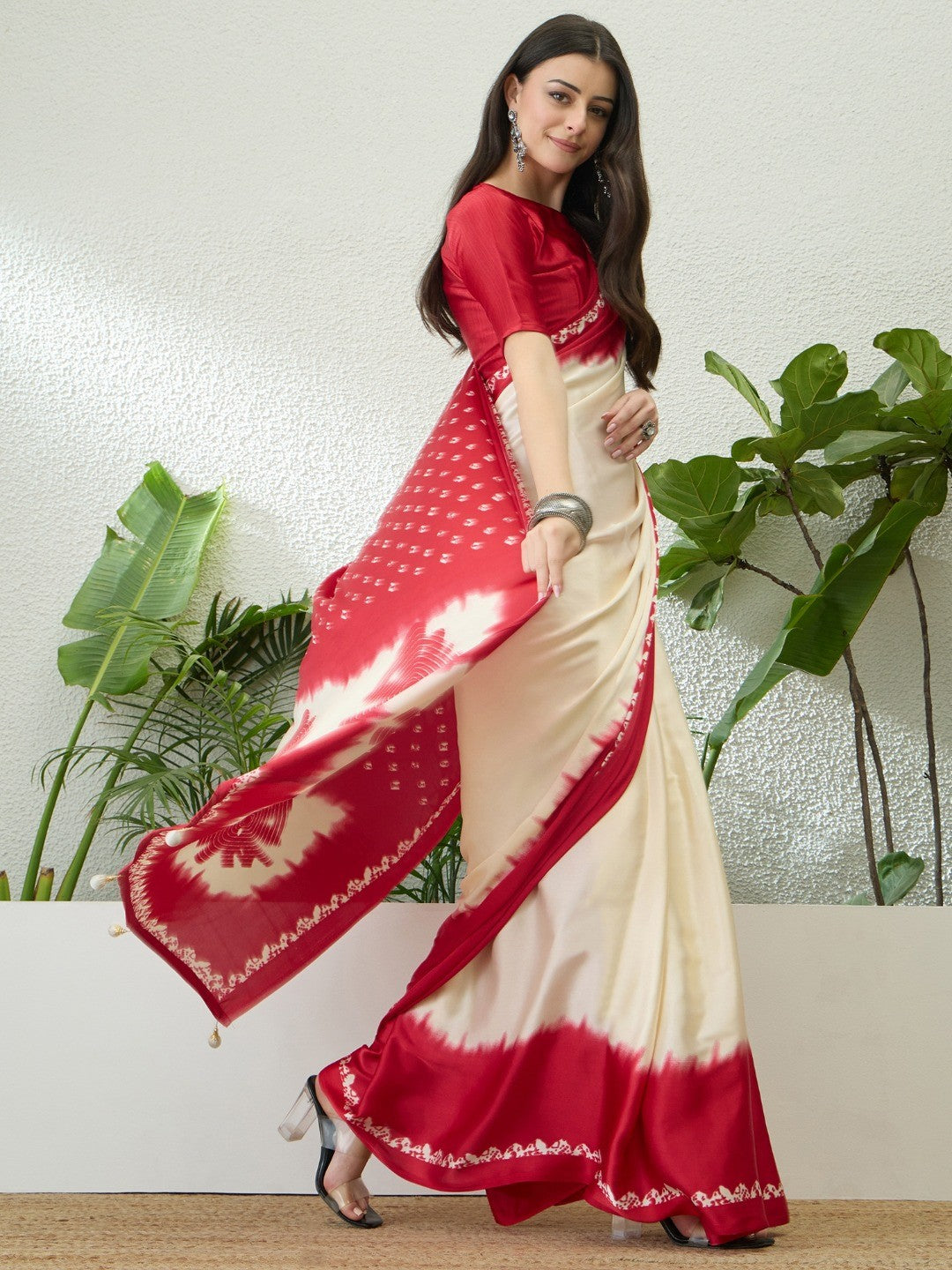 Classic Red Bandhani Printed Satin Ombre Saree With A Beautifully Finished Tassel Pallu - Image 3
