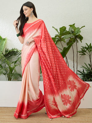 Classic Pink Bandhani Printed Satin Ombre Saree With A Beautifully Finished Tassel Pallu - Image 1