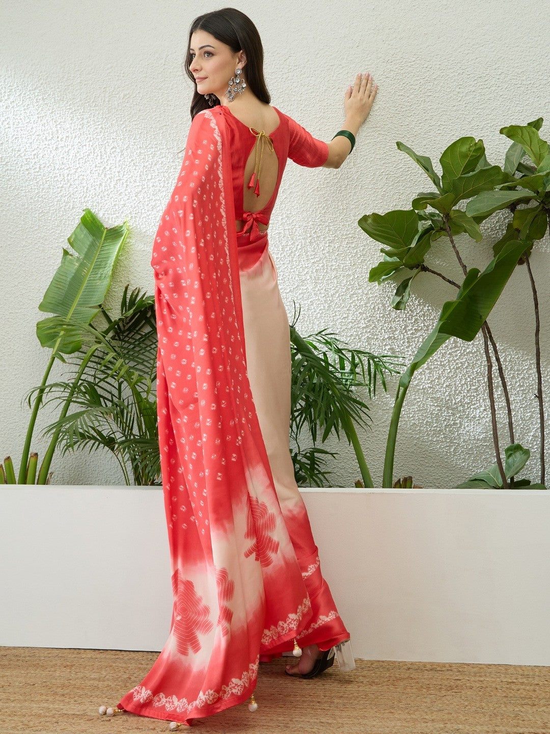Classic Pink Bandhani Printed Satin Ombre Saree With A Beautifully Finished Tassel Pallu - Image 7