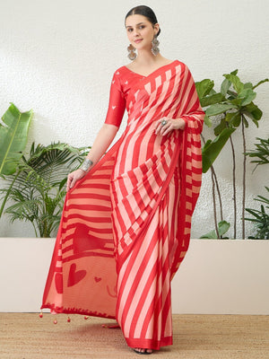 Red Striped Satin Saree with 'Love' Print and Tassel Details - Image 1